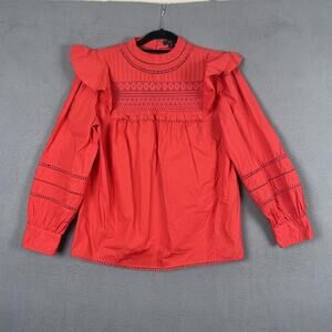 J Crew Shirt Womens Small Red Embroidered Ruffle High Neck Top Long Sleeve